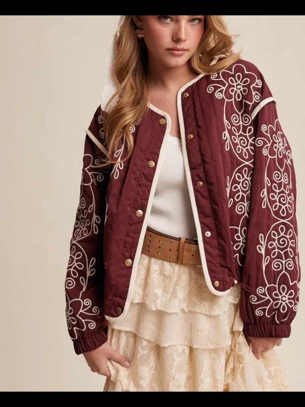 Listicle Maroon Quilted Bomber Jacket with Cream Embroidery